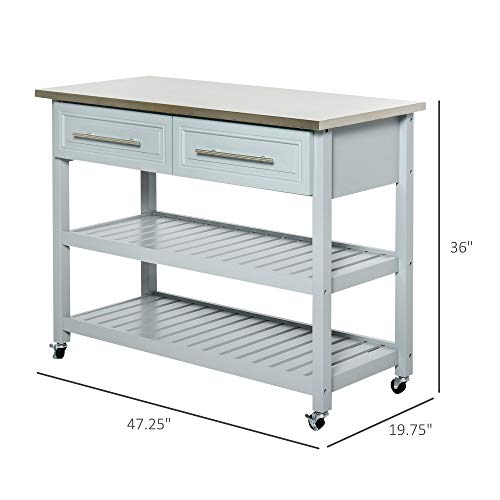 HOMCOM Kitchen Island with Stainless Steel Top, Traditional Kitchen Island with Storage, Butcher Block Cart 2-Tier Open Shelves, Drawers, Light Gray
