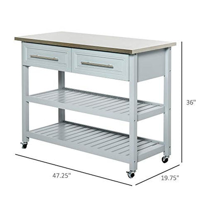 HOMCOM Kitchen Island with Stainless Steel Top, Traditional Kitchen Island with Storage, Butcher Block Cart 2-Tier Open Shelves, Drawers, Light Gray