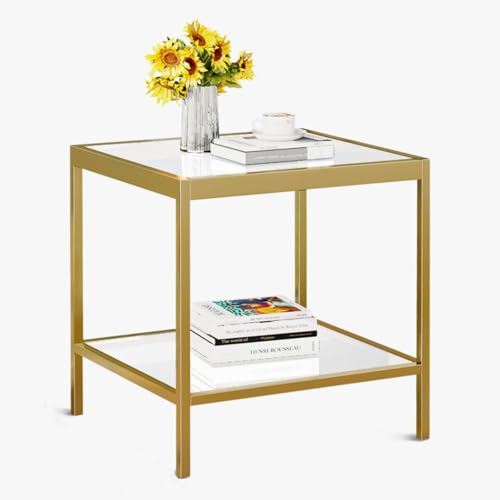 2 Tier Square End Table Side Table with Tempered Glass Top and Gold Metal Frame Modern Night Stand for Small Spaces Side Table with Storage for Living Room Bedroom - color: Gold, style: Style 1