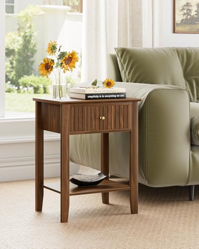 Fluted Nightstand, Farmhouse Night Stand with 1 Drawers, Mid Century Modern Side Accent Table,Bedside End Table for Bedroom, Living Room, Brown - color: Walnut Brown, size: 1 Drawer