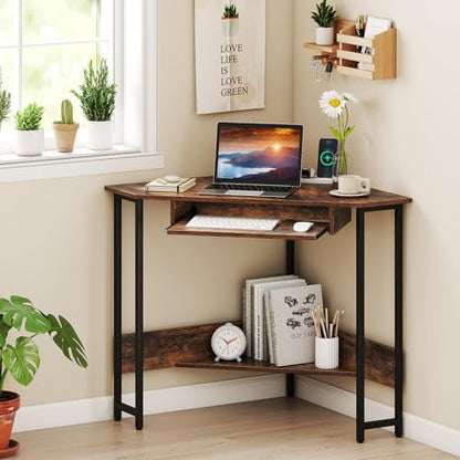 Giantex Small Corner Desk with Charging Station, Triangle Computer Desk with Keyboard Tray & Storage Shelf, Metal Corner Writing Desk for Bedroom, Small Space, Home Office, Black & Rustic Brown