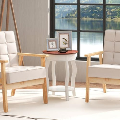 GOFLAME 2-Tier Round End Table, Compact Nightstand with Storage Shelf & Solid Wood Curved Legs, Accent Table, Mid-Century Sofa Side Tables for Living Room, Bedroom, Small Space, White