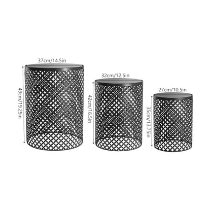 Outdoor Side Table, 3PCS Round Metal Frame Coffee End Tables, Modern Decorative Garden Stool, Multifunctional Nesting Side Table for Garden, Balcony, Cafe, Park, Pool Side (Black)