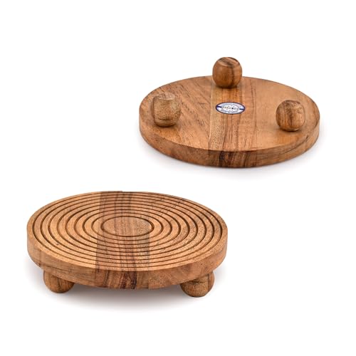 EDHAS Pedestals Acacia Wood Set of 2 Round Pedestal Riser Board for Display, Farmhouse Décor Displays Your Plant Bottles Candles for Your Home (6" X 6" X 1.5")
