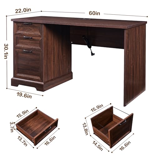 60" Farmhouse Executive Desk with Charging Station,Home Office Desk with 2 Drawers &1 File Cabinet,Wood Work Desk for Office and Home (Brown) - color: Brown