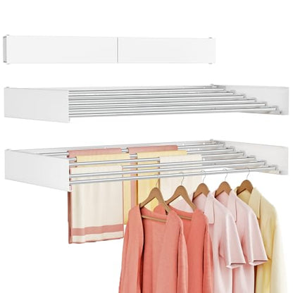 Wall Mounted Clothes Drying Rack Folding Indoor, Foldable Laundry Drying Rack Collapsible,Invisible, Space Saving, Retractable Towel Drying Rack, with Wall Template(6 Drying Rods, White 40") - color: White, size: White-40"