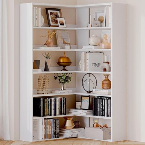 Corner Bookshelf, Freestanding L Shaped Display Shelf, 6 Tiers Bookcase with Baffles, Wooden Bookcase with Storage Organizer for Home Office, Living Room, Bedroom (35.2") - size: 35"
