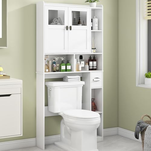 Vabches Over The Toilet Storage Cabinet with Doors and Shelves, White | Freestanding Home Space Save Toilet Rack, with Adjustable Shelves for Restroom, Bathroom, Laundry - color: White, size: W31.69''
