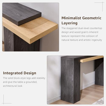 OKD 63" Geometric Console Table with Layered Top, Natural Oak & Dark Alder | Extended Layered Top, Sturdy Support Legs, Entryway, Hallway, Foyer, Living room, Behind Sofa - color: Natural Oak With Dark Alder