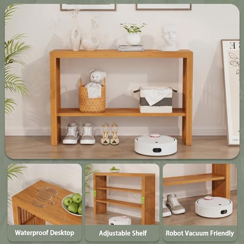 47-Inch Console Table with Storage, 2-Tier Narrow Entryway Table,Natural | 100% Natural Bamboo slim profile, reinforced angled frame versatile wall-side placement - color: Natural, style: 2-TIER