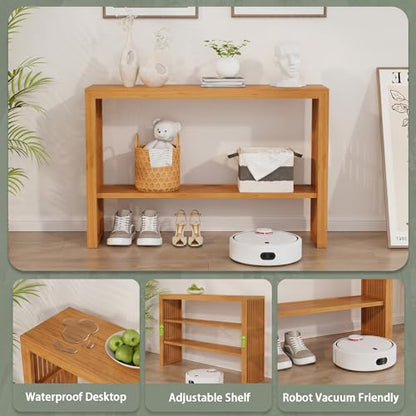 47-Inch Console Table with Storage, 2-Tier Narrow Entryway Table,Natural | 100% Natural Bamboo slim profile, reinforced angled frame versatile wall-side placement - color: Natural, style: 2-TIER