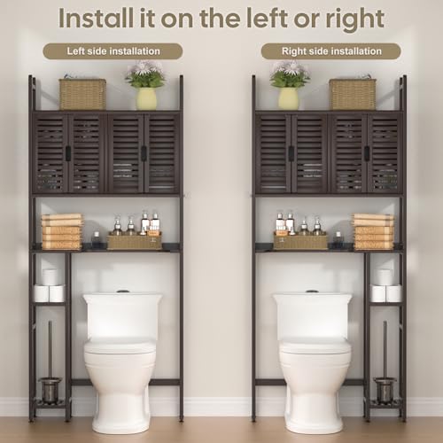 Cozivolife Over The Toilet Storage: Space Saver Bathroom Organizer Shelf | Bamboo Freestanding Storage Cabinet Over Toilet with Paper Holder Stand - No-Drill Installation and Waterproof Feet Pad