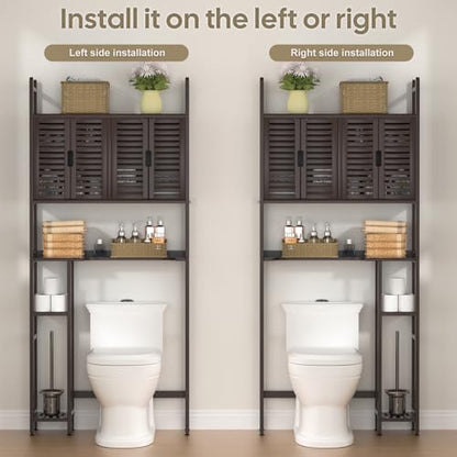 Cozivolife Over The Toilet Storage: Space Saver Bathroom Organizer Shelf | Bamboo Freestanding Storage Cabinet Over Toilet with Paper Holder Stand - No-Drill Installation and Waterproof Feet Pad