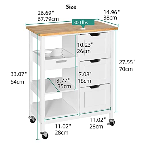 YITAHOME Small Solid Wood Top Kitchen Island Cart on Wheels with Storage, Rolling Portable Dining Room Serving Utility Carts Mobile Movable with 3 Drawers Cabinet, Oak & White - style: 26.7"W White