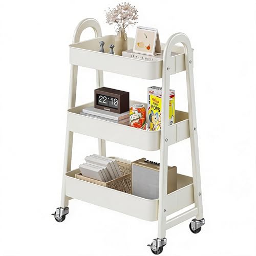 DUMOS 3 Tiers Metal Rolling Utility Cart with Lockable Wheels, Mobile Storage Organizer, Utility Shelving Unit for Kitchen, Office, Bathroom, Laundry, Narrow Places, White - color: 3 Tiers White