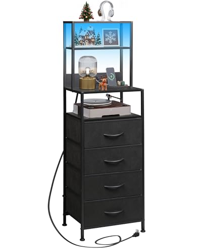 WLIVE Tall Nightstand with Charging Station, LED Night Stand with 4 Drawers and Storage Open Shelves, Fabric Dresser for Bedroom, Office, Black - color: Black, size: 1 Piece, style: 4 Drawers