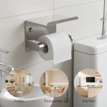 Toilet Paper Holder with Phone Shelf, Tissue Roll Holder with Storage Shelf | Adhesive or Screw Wall Mount Toilet Tissue Roll Holder for Bathroom Washroom, With 5 Stainless Hook, Rustproof, Silver