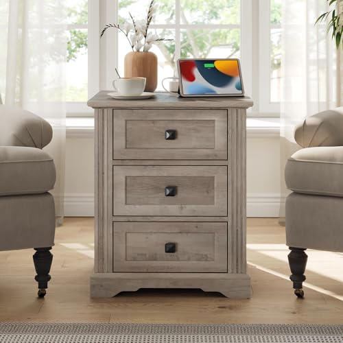 Night Stand with 3 Drawers, 18 Inch Wide End Table with Charging Station, Farmhouse Nightstand, Bedside End Tables Living Room, End Tables with Storage for Bedroom, Greige - color: Greige