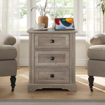 Night Stand with 3 Drawers, 18 Inch Wide End Table with Charging Station, Farmhouse Nightstand, Bedside End Tables Living Room, End Tables with Storage for Bedroom, Greige - color: Greige