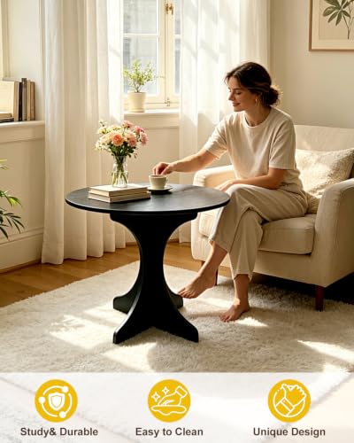 24in Black Round Side Table, Modern Accent End Table with Curved Integrated Tripod Base, Minimalist Round Sofa Side Table Nightstand for Living Room Bedroom Balcony Small Spaces, Easy Assembly - color: Black-x