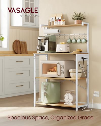 VASAGLE BARNET Collection - Kitchen Bakers Rack with Power Outlet, 31.5-Inch Wide Coffee Bar 4-Tier with 8 S Hooks, Modern Microwave Stand, Adjustable Shelf, Golden Oak and Cloud White UKKS029YA01 - color: Golden Oak + Cloud White, size: 31.5"W