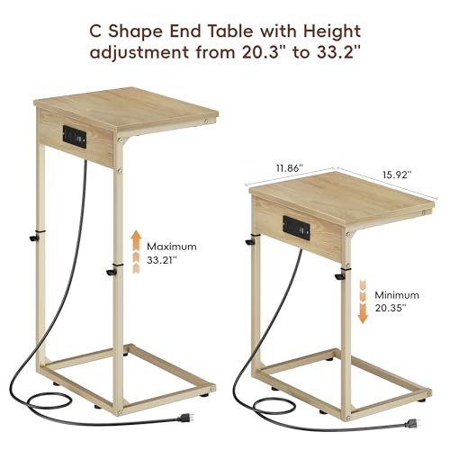 Vagusicc C Shaped End Table with Charging Station, Adjustable Height Side Table for Couch, Small Side Table, 33.2'' Tall Couch Tables that Slide Under, Tv Tray End Table for Living Room, Natural - color: Natural (1 Pack), style: With Plug
