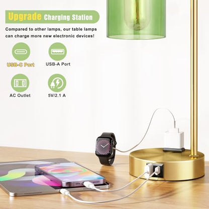 Innqoo Industrial Green Table Lamps for Bedrooms Set of 2-3-Way Dimmable Desk Lamp with USB C+A Ports and Outlet, Gold Lamps with Green Glass Shade for Living Room - color: Green Shade& Gold Base