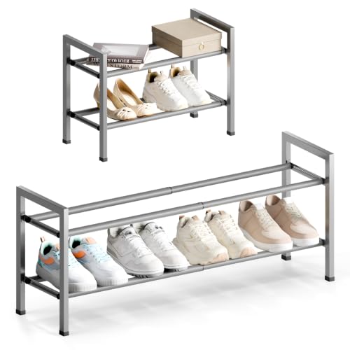 Bumusty 2 Tier Expandable Shoe Rack for Closet, Light Grey | 18"-33" Adjustable Shoe Rack for Entryway, Small Shoe Organizer for Dorm, Front Door, Sturdy Metal - color: Light Grey, size: 2-tier