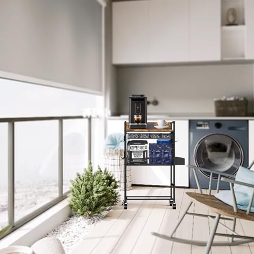 Compact Coffee Bar Cabinet with Power Outlet, Lockable Wheels, and Storage Drawer - Rustic Brown & Black for Office, Living Room, or Small Spaces