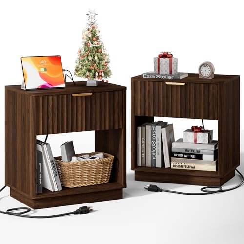 Fluted Nightstand, Night Stand Set 2, Large Walnut Nightstands Set of 2 with Charging Station, 23" Wide End Table with Drawer & Open Shelf, Modern Bedside Table for Bedroom, Curved Corners - color: Walnut, size: 1 Drawer（23"W）