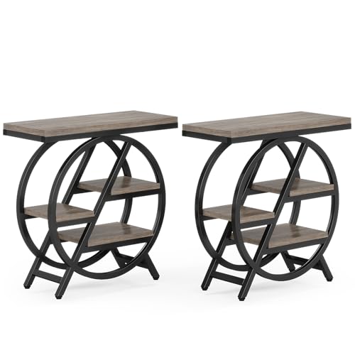 Tribesigns End Table Set of 2, 3-Tier Narrow Side Table with Storage, Wood Sofa Side Table with Geometric Metal Frame, Industrial Nightstand and Bedside Table for Living Room Bedroom - color: Grey