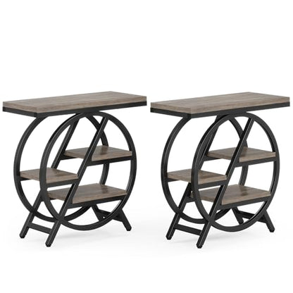 Tribesigns End Table Set of 2, 3-Tier Narrow Side Table with Storage, Wood Sofa Side Table with Geometric Metal Frame, Industrial Nightstand and Bedside Table for Living Room Bedroom - color: Grey