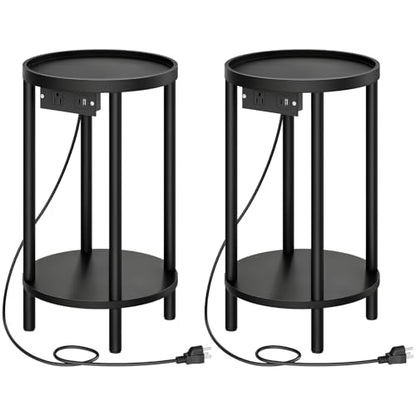 HOOBRO Set of 2 Small Round Side Tables with Charging Station, 2-Tier Round Bamboo End Tables, Easy Assembly, for Living Room, Bedroom, Apartment, Black BB156UBZP201 - color: Black