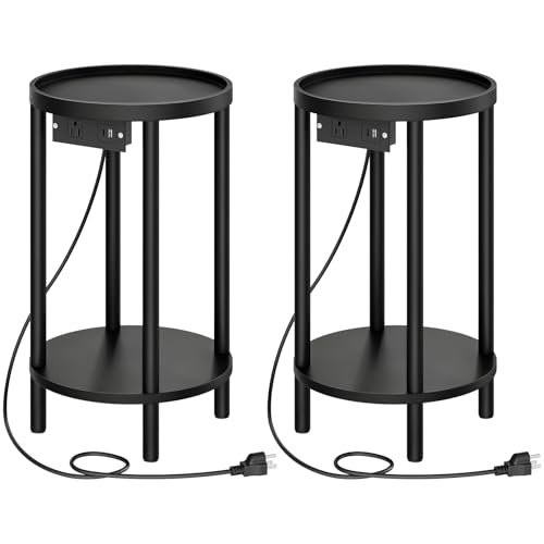 HOOBRO Set of 2 Small Round Side Tables with Charging Station, 2-Tier Round Bamboo End Tables, Easy Assembly, for Living Room, Bedroom, Apartment, Black BB156UBZP201 - color: Black