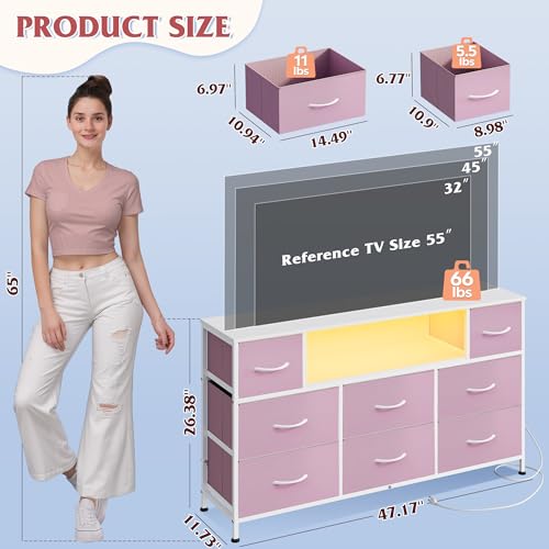 WLIVE Dresser TV Stand for 45, 50, 55 inch TV, Entertainment Center with LED Lights & Charging Station, Chest of Drawers with 8 Fabric Drawers and Open Shelves for Living Room, Hallway, A-Pink - color: A-pink