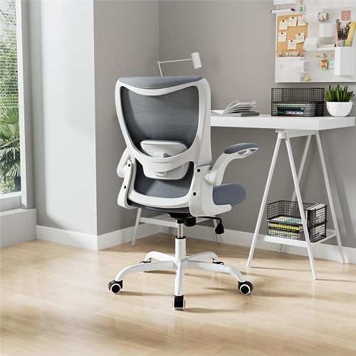 MUXX.STIL Office Chair, Ergonomic Desk Chair with Adjustable Lumbar Support and Flip up Armrest, Breathable Mesh Computer Chair for Home Office, Gray - color: Grey