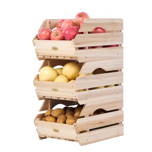HABAU Wood Potato Onion Storage Bins - Wooden Stackable Produce Basket - Fruit Vegetable Storage for Kitchen Pantry Organization, Set 3 Pieces - color: Natural