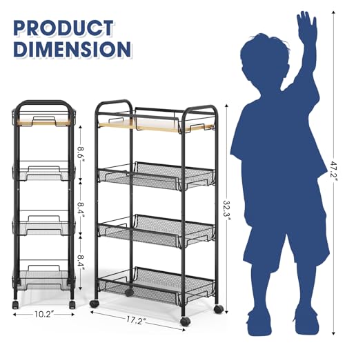 TOOLF 4-Tier Rolling Cart, Metal Utility Cart, Slide Out Storage Cart with Wooden Tabletop and Mesh Baskets, Easy Assemble Trolley for Kitchen Bathroom Laundry Room Bedroom Apartments Dormitory - size: Wide, style: Black