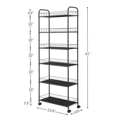 6 Tier 6in/10in Slim Rolling Storage Cart, Mobile Shelving Unit with Wheels, Metal Wire Storage Shelving Rack with Baskets for Kitchen Bathroom Office Laundry Narrow Places