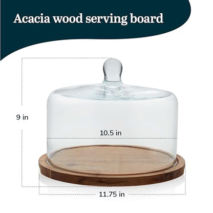 Libbey Acacia Wood Cake Stand with Lid, Ball Top Handle Cake Holder with Lid, Covered Pastry Holder, Durable Glass Dome Cover - color: Flat Round