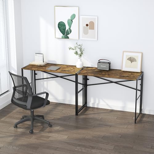 Lutown-Teen 35 inch Small Folding Computer Desk, Writing Gaming Computer Desk for Small Spaces, No Assembly Required Home Office Tale, Rustic Brown - color: Rustic Brown, size: 35 Inch