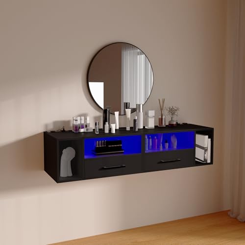 Homaterial Floating Nightstand with Charging Station and LED Lights, Floating Bedside Table with Drawers Wall Mounted Nightstands,for Bedroom Room, 21.3" x 11.8" x 10",Black - color: Black