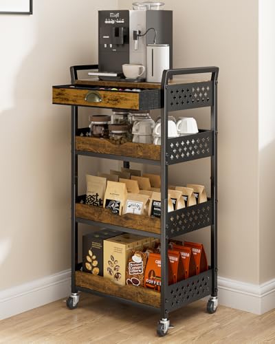 Giwil 4-Tier Rolling Storage Cart with Drawer, Small Coffee Bar with Wooden Top, Art Cart Organizer on Wheels, Metal Utility Cart for Crafts Paints Makeup Snacks Fruits, Black - size: 4 Tier/Drawer