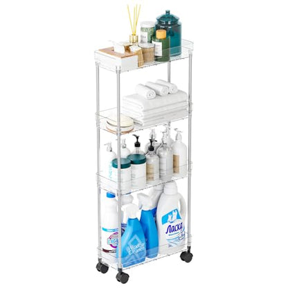 Clear 4 Tier Slim Rolling Storage Cart with Wheels,6.3″W Thin Shelf,Bathroom Storage Cabinet,Skinny Laundry Cart,Narrow Laundry Room Cart Between Washer and Dryer,Skinny Shelves for Small Space - style: 4 Tier