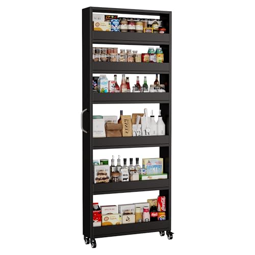 Slim Storage Cart, Lightweight 6 Tier Metal Rolling Utility Kitchen Cart on Wheels, Mobile Storage Shelving Unit Organizer for Bathroom Laundry Office Narrow Places (Black, 6" D) - color: Black, size: 6"D