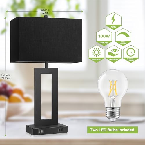 Set of 2 Touch Control Table Lamps with 2 USB Ports&AC Outlet, 3-Way Dimmable Modern Nightstand Lamp Sets, Bedside Black Lamps for Bedroom Living Room End Tables Reading, Bulbs Included, Black Shade | 3 Way Dimmable, Touch Control, Black Fabric Shade, Des