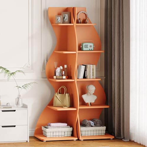 Tribesigns Wavy Corner Shelf Set of 2, Modern 5-Tier Bookshelf Etagere Bookcase with Curvy Shape, Unique Plant Stand Display Shelf for Living Room Small Space (Orange) - color: Orange