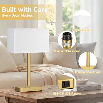Hong-in Touch Lamps for Bedroom - 3-Way Dimmable Bedside Lamps Set of 2 with USB C+A, White Modern Table Lamp for Night Stands, Desk Lamp for Living Room Nightstand End Tables Bed Side