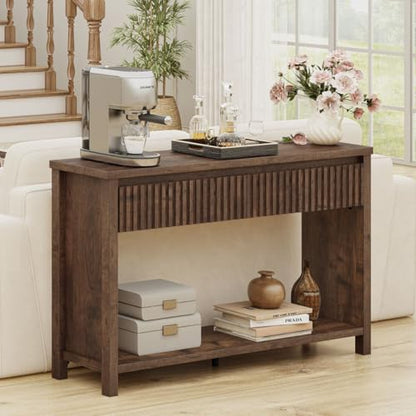 BON AUGURE Console Tables for Entryway, Console Table with Drawers, 47In Sofa Table with Storage, Narrow Entryway Tables with 2-Tier Shelf, Farmhouse Fluted Couch Tables for Living Room, Rustic Oak - color: Rustic Oak
