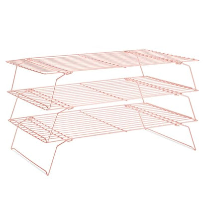 Cooling Rack for Baking 3 Tiers, 16" x 10" Cookie Cooling Wire Rack Stackable Collapsible Nonstick, Stainless Steel Baking Cooking Cooling Racks with Optimum Air Flow, Rose Gold - color: Rose Gold, size: 16"x10"-3Tier